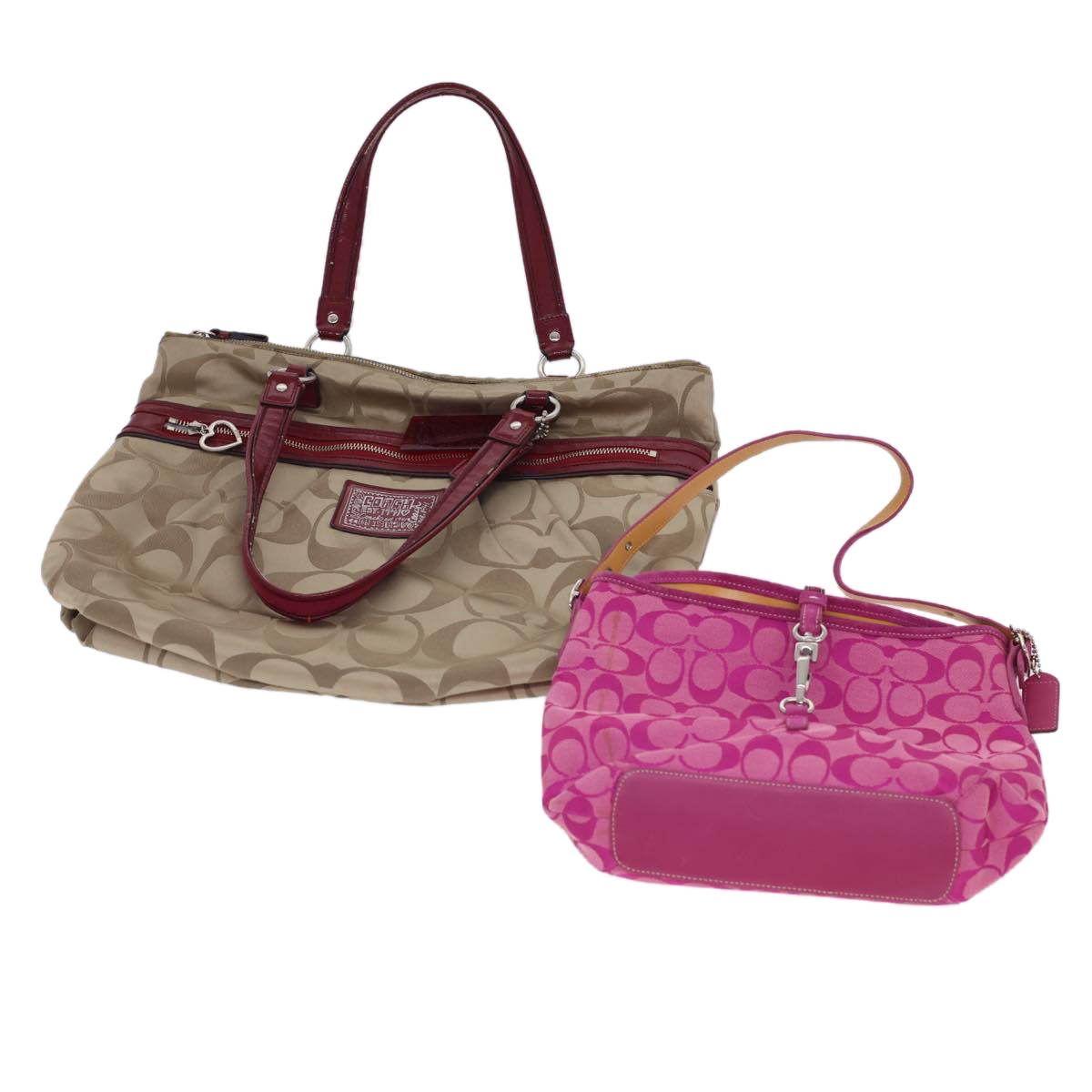 Coach Signature Canvas Shoulder Bag Nylon 2set Beige Red Pink Auth 39860